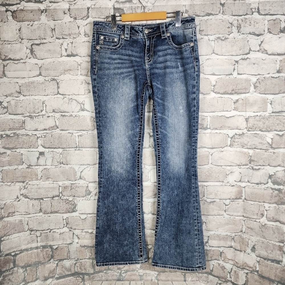 Miss Me Mini Flower Mid Rise Bootcut  Jeans Rhinestone Embellished Blue 30 x 32